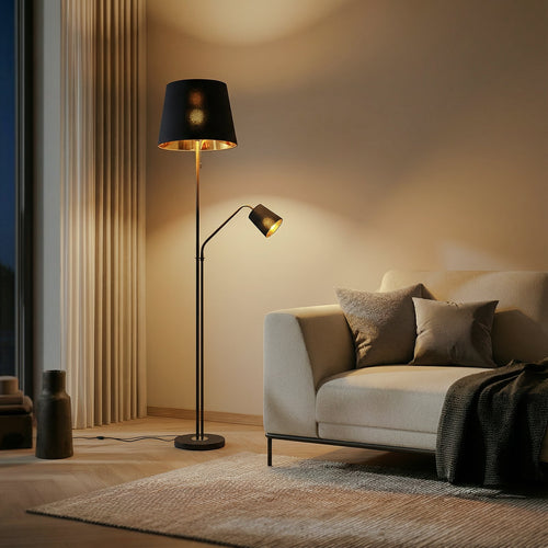 Lucande Efalia floor lamp, black and gold, fabric, reading spotlight