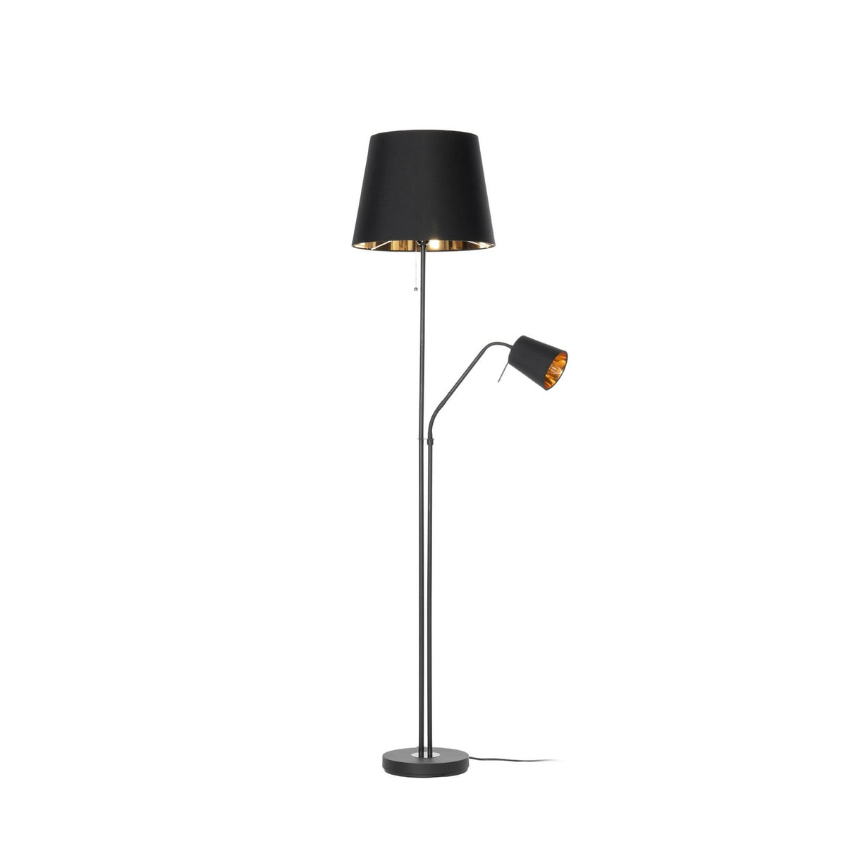 Lucande Efalia floor lamp, black and gold, fabric, reading spotlight