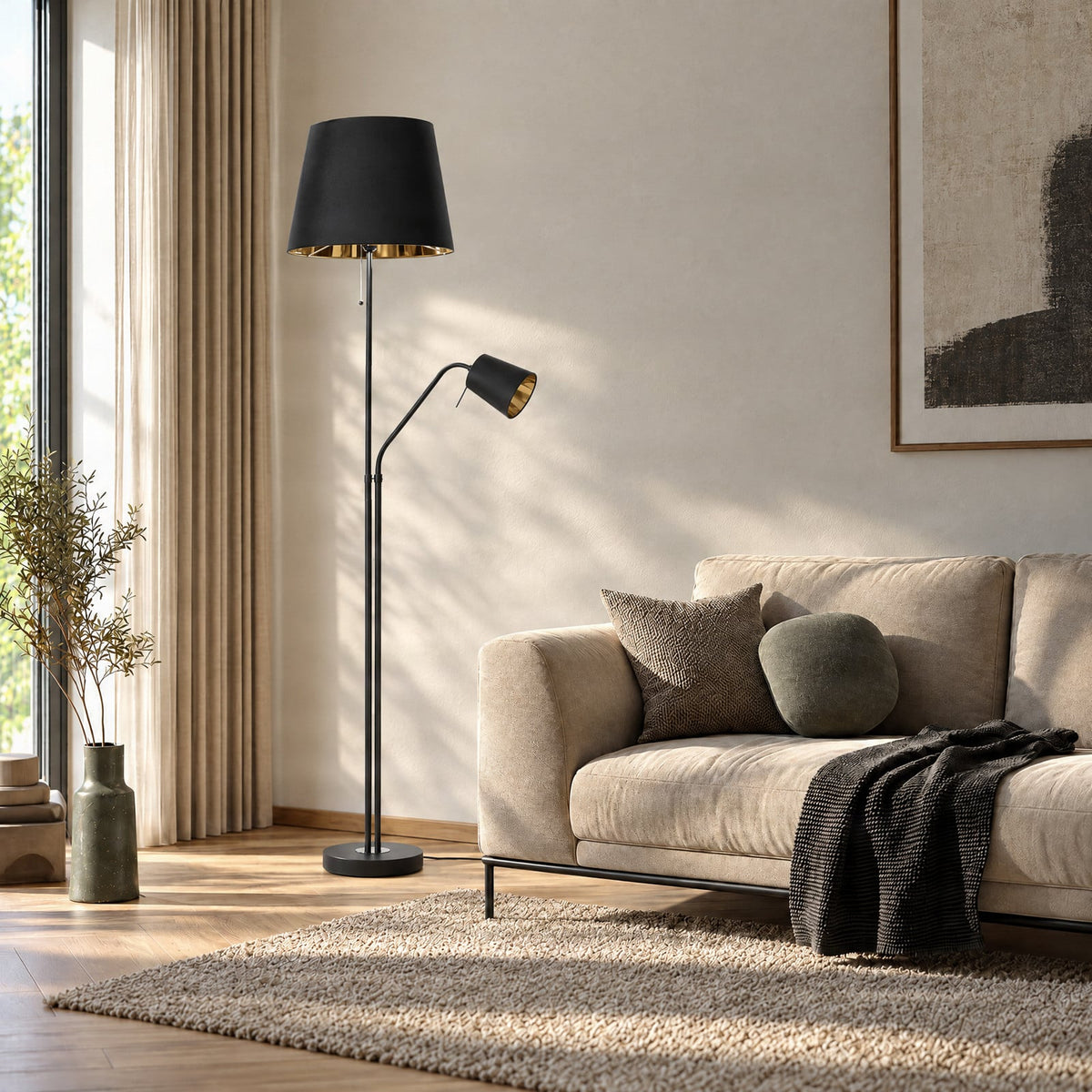 Efalia 69" Black and Gold Floor Lamp with Reading Light