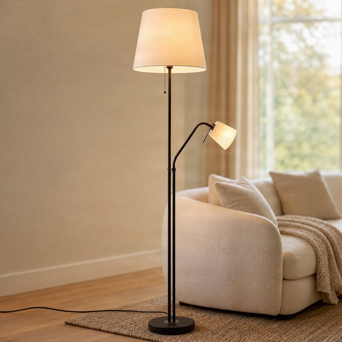 Lucande Efalia floor lamp, black and white, fabric, reading spotlight