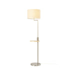 Lucande Zinia floor lamp, nickel/white, shelf, USB