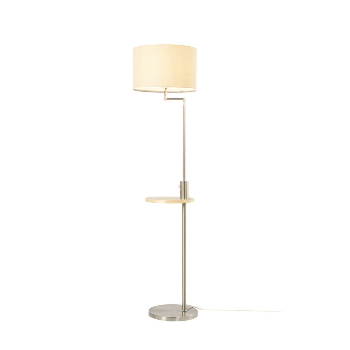Lucande Zinia floor lamp, nickel/white, shelf, USB