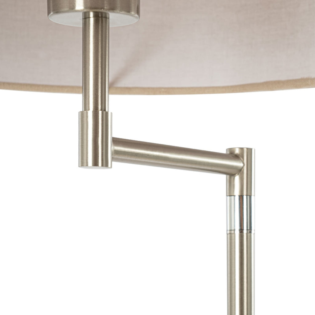 Lucande Zinia floor lamp, nickel/white, shelf, USB