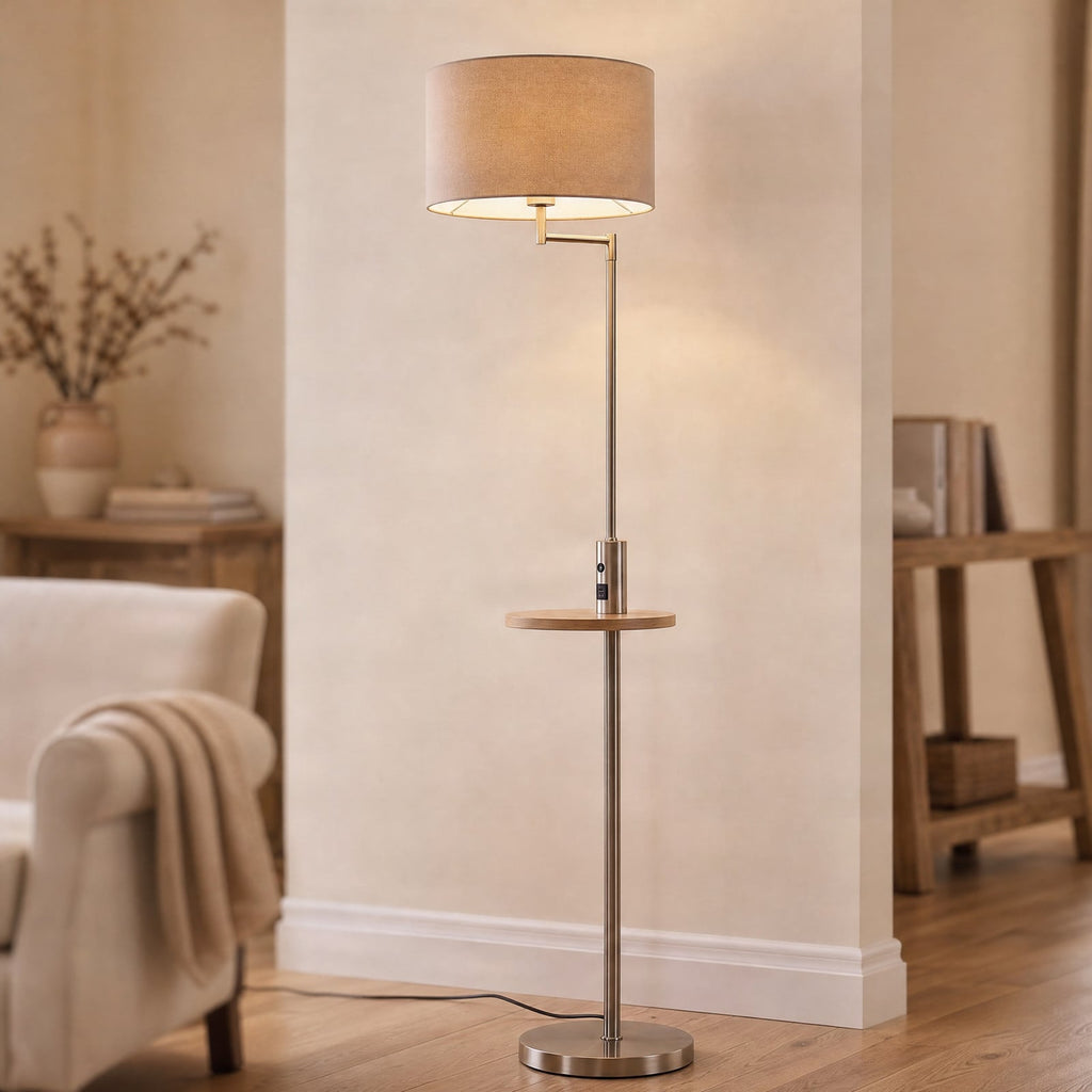 Lucande Zinia floor lamp, nickel/white, shelf, USB