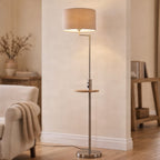 Lucande Zinia floor lamp, nickel/white, shelf, USB