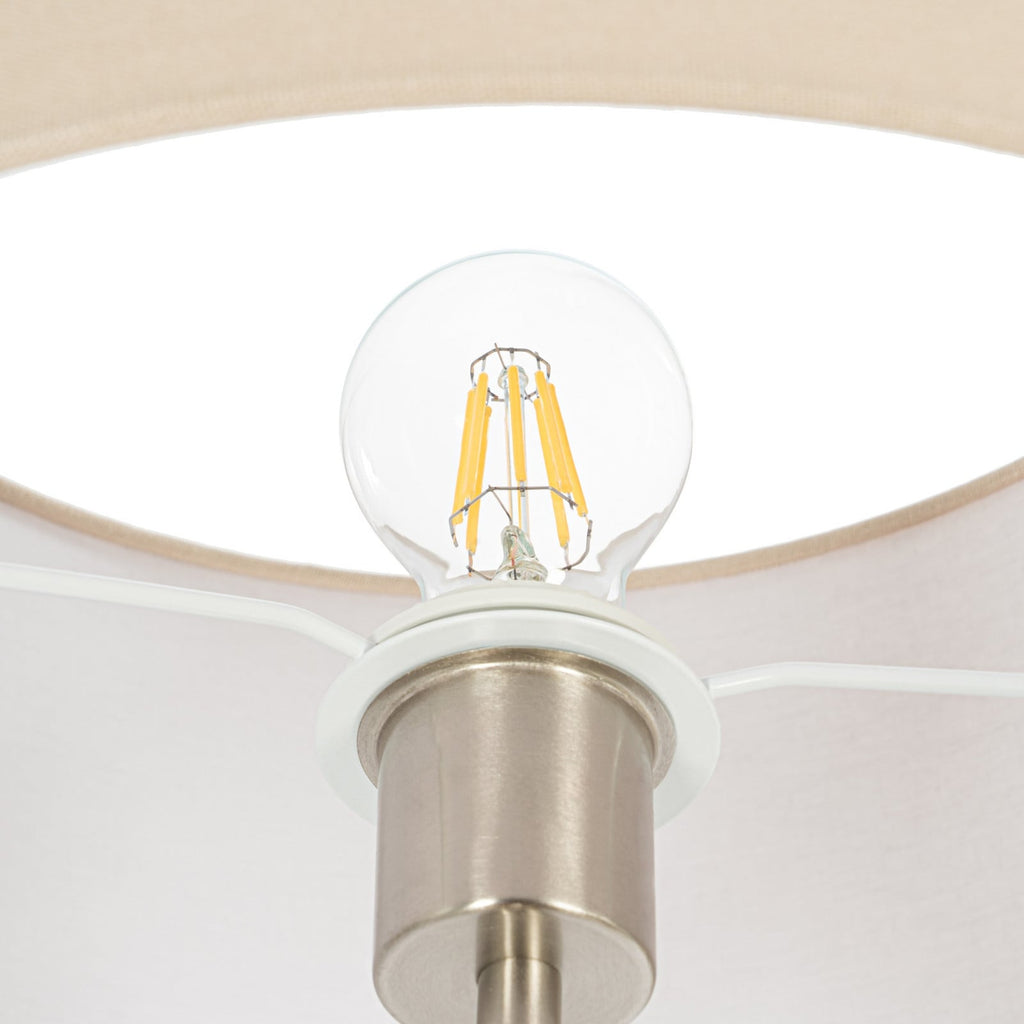 Lucande Zinia floor lamp, nickel/white, shelf, USB