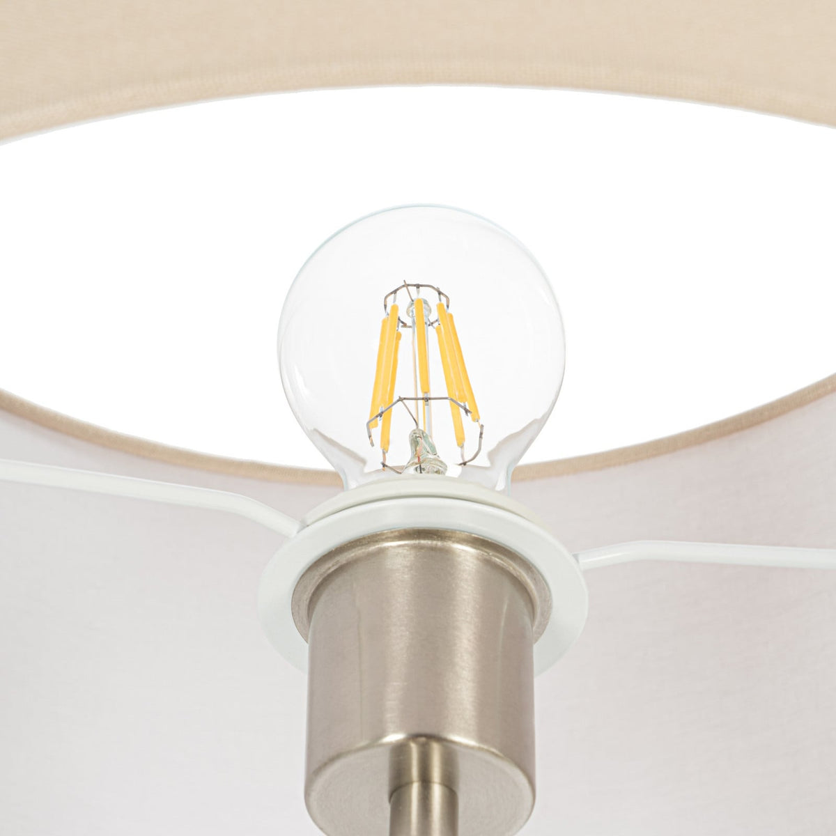 Lucande Zinia floor lamp, nickel/white, shelf, USB