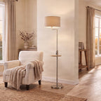 Lucande Zinia floor lamp, nickel/white, shelf, USB