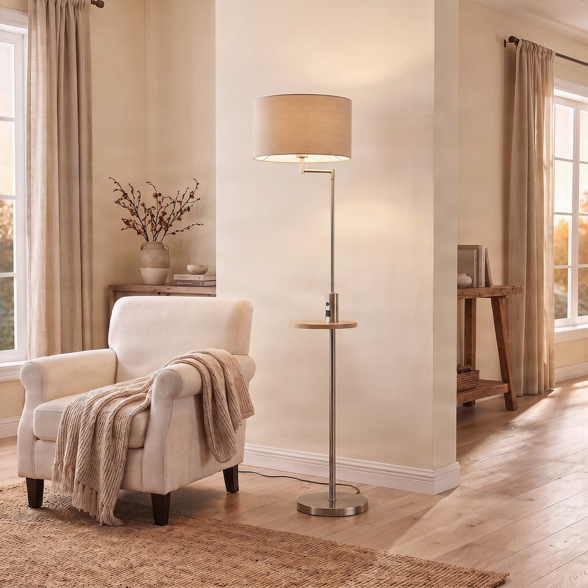 Lucande Zinia floor lamp, nickel/white, shelf, USB