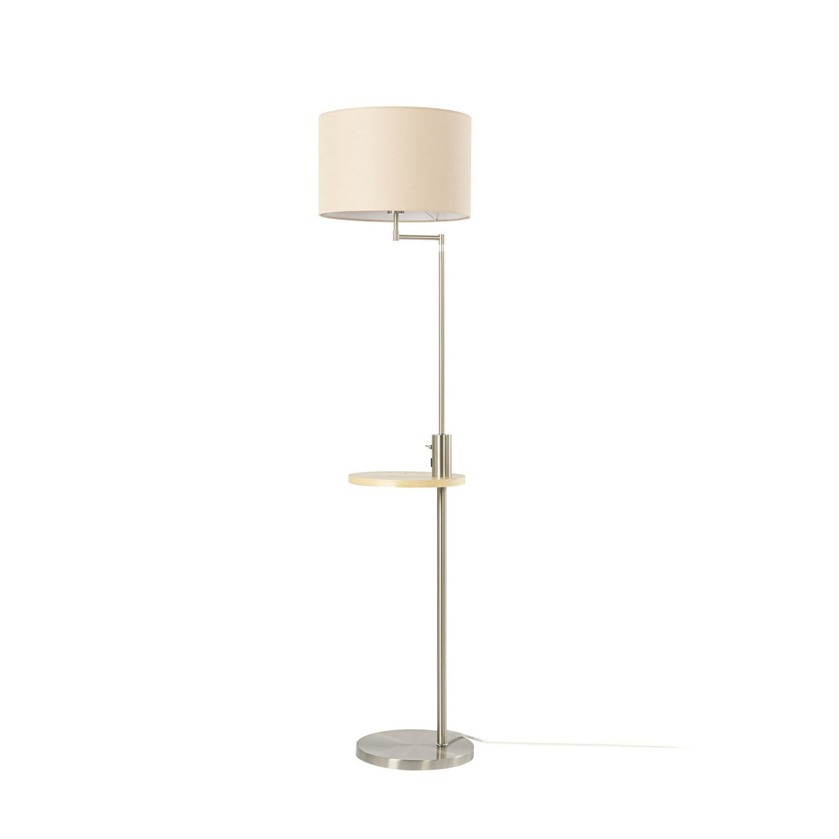 Lucande Zinia floor lamp, nickel/white, shelf, USB