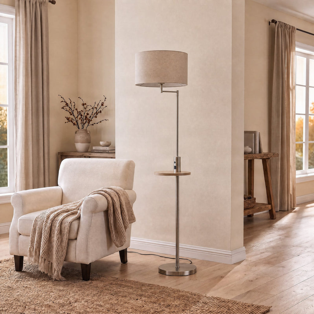 Lucande Zinia floor lamp, nickel/white, shelf, USB
