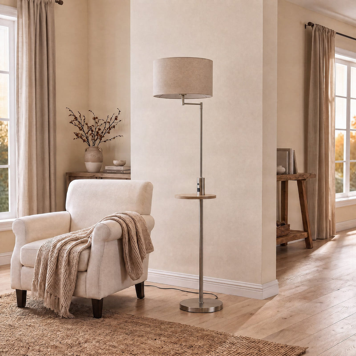 Lucande Zinia floor lamp, nickel/white, shelf, USB