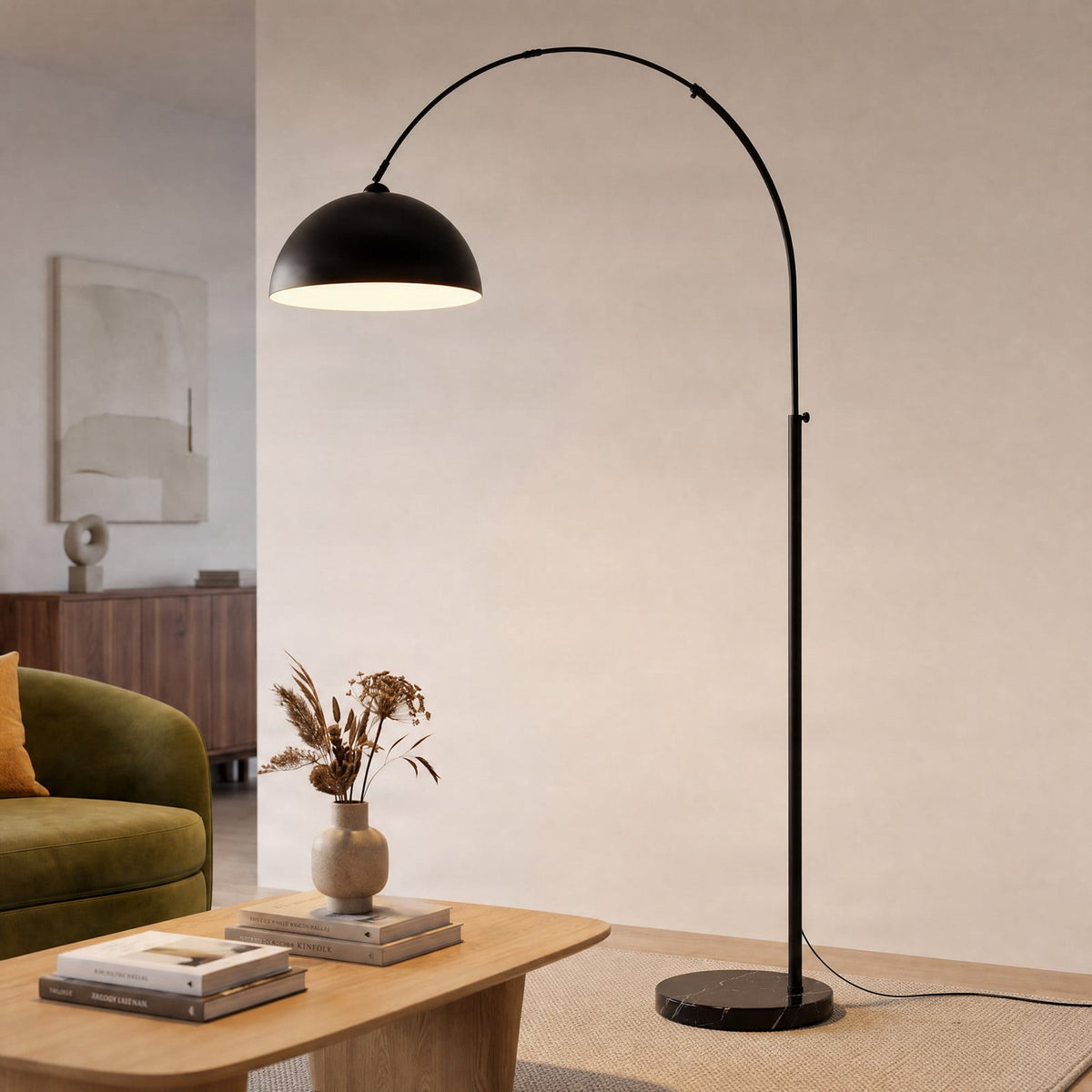 Lucande Solenne arc lamp, black, marble base, metal