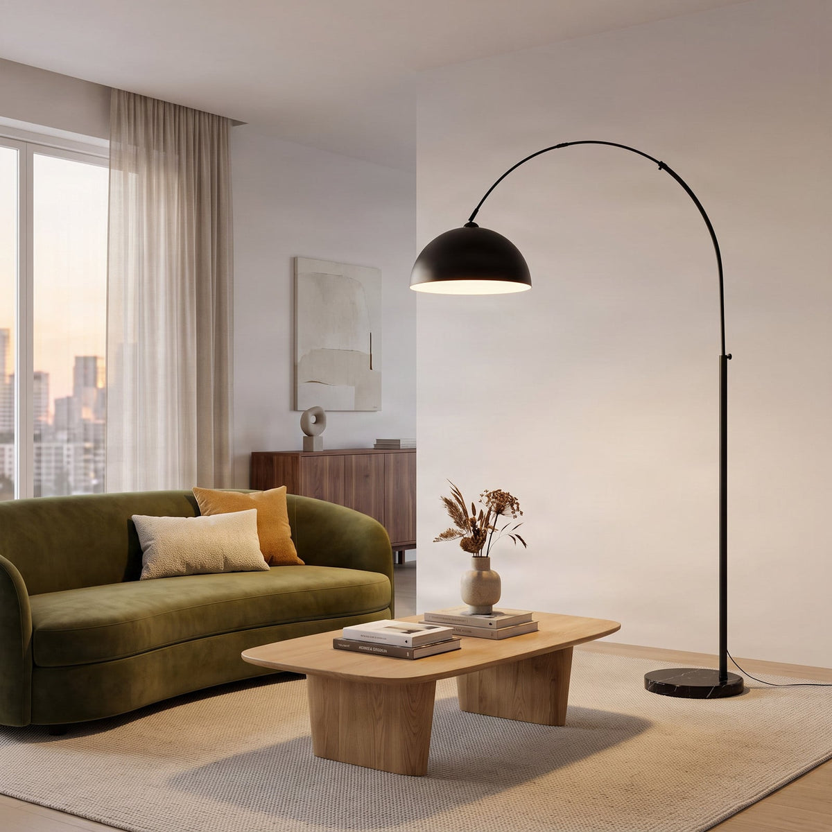 Lucande Solenne arc lamp, black, marble base, metal