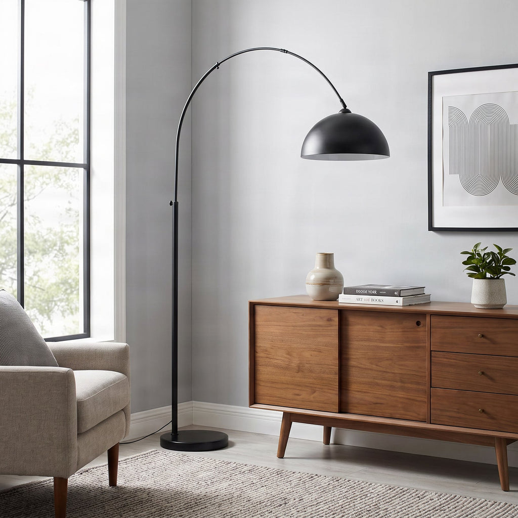 Lucande Solenne arc lamp, black, marble base, metal