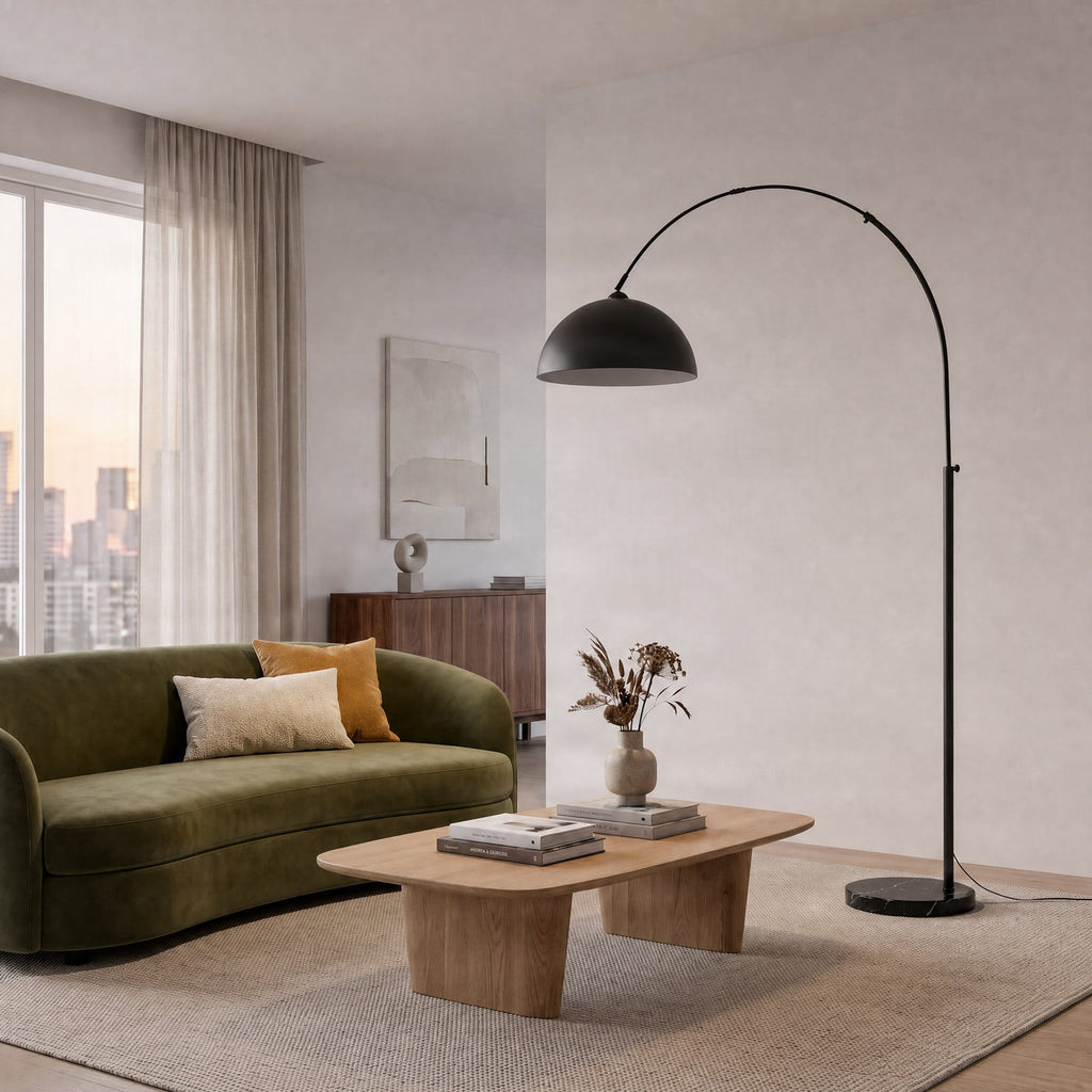 Lucande Solenne arc lamp, black, marble base, metal