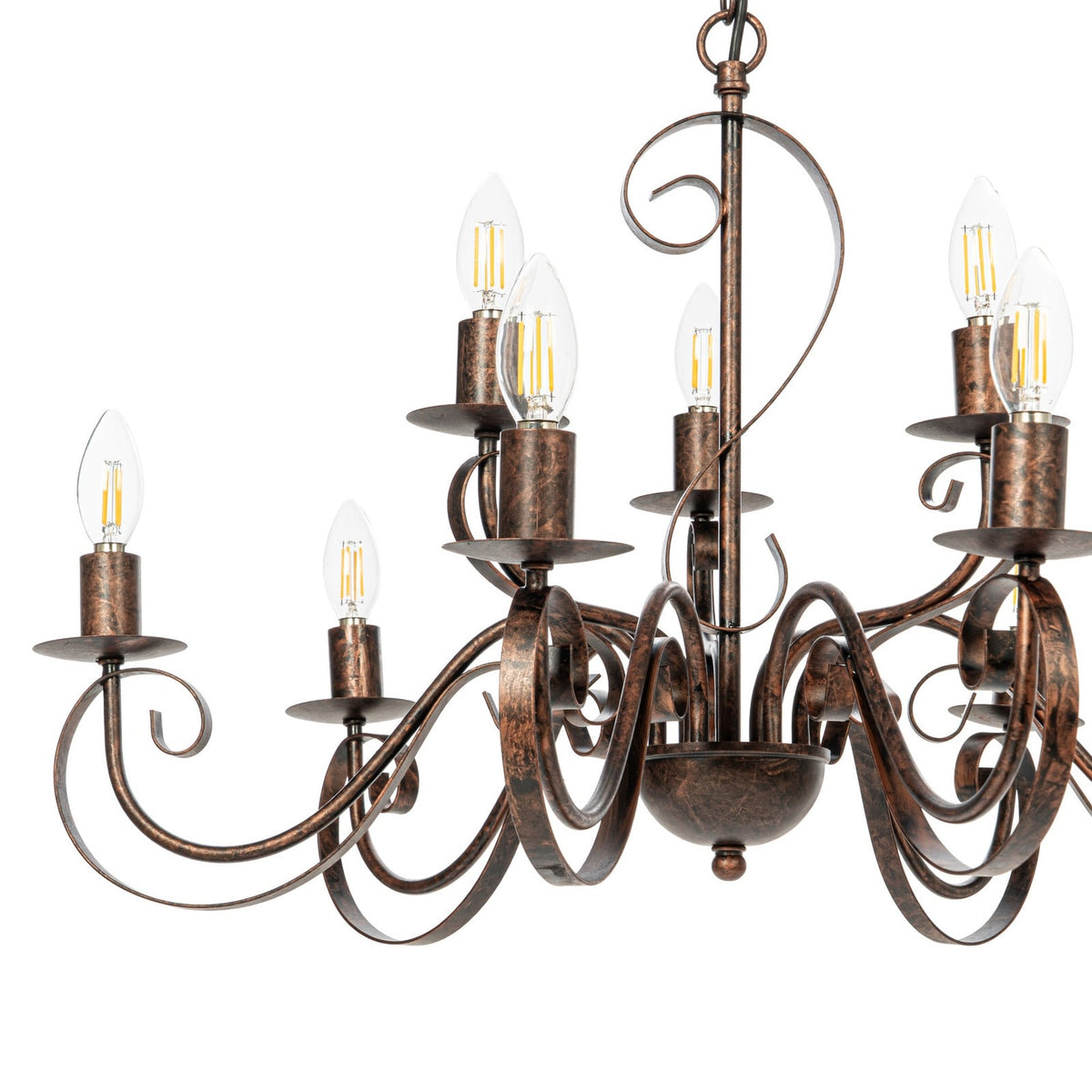 Lucande Caleb chandelier, 9-bulb, rust-coloured, metal