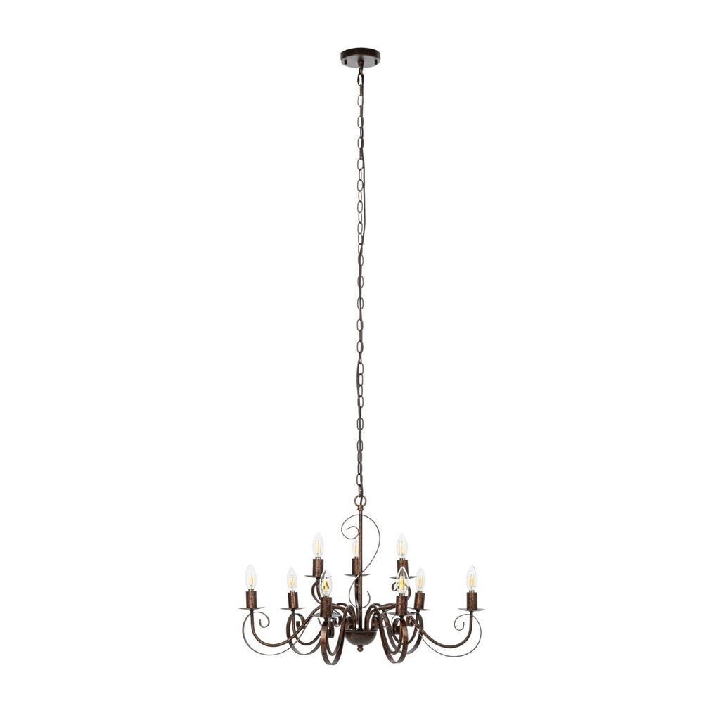 Lucande Caleb chandelier, 9-bulb, rust-coloured, metal