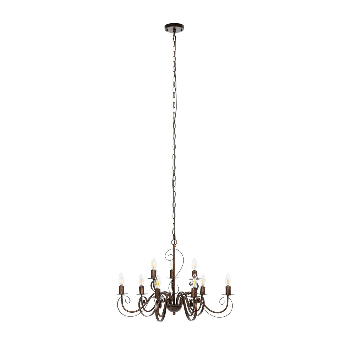 Lucande Caleb chandelier, 9-bulb, rust-coloured, metal