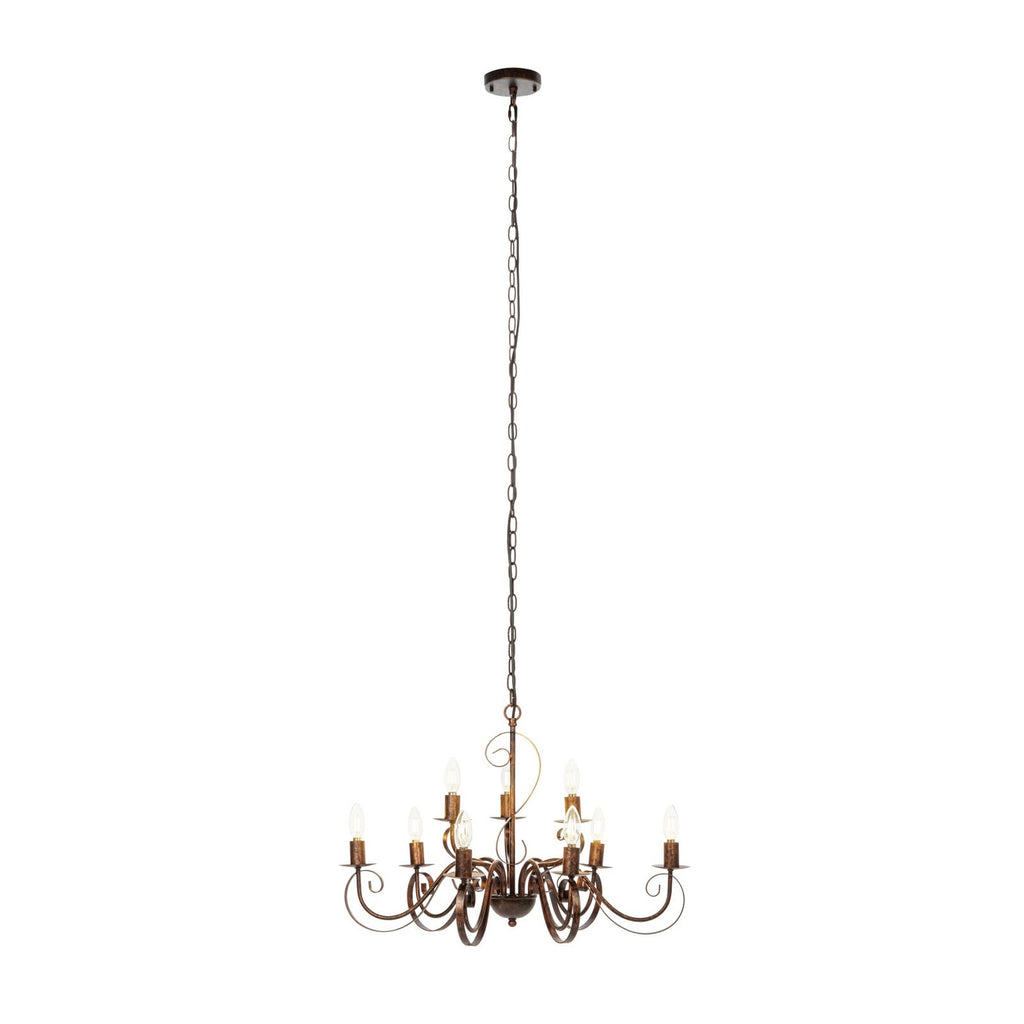 Lucande Caleb chandelier, 9-bulb, rust-coloured, metal