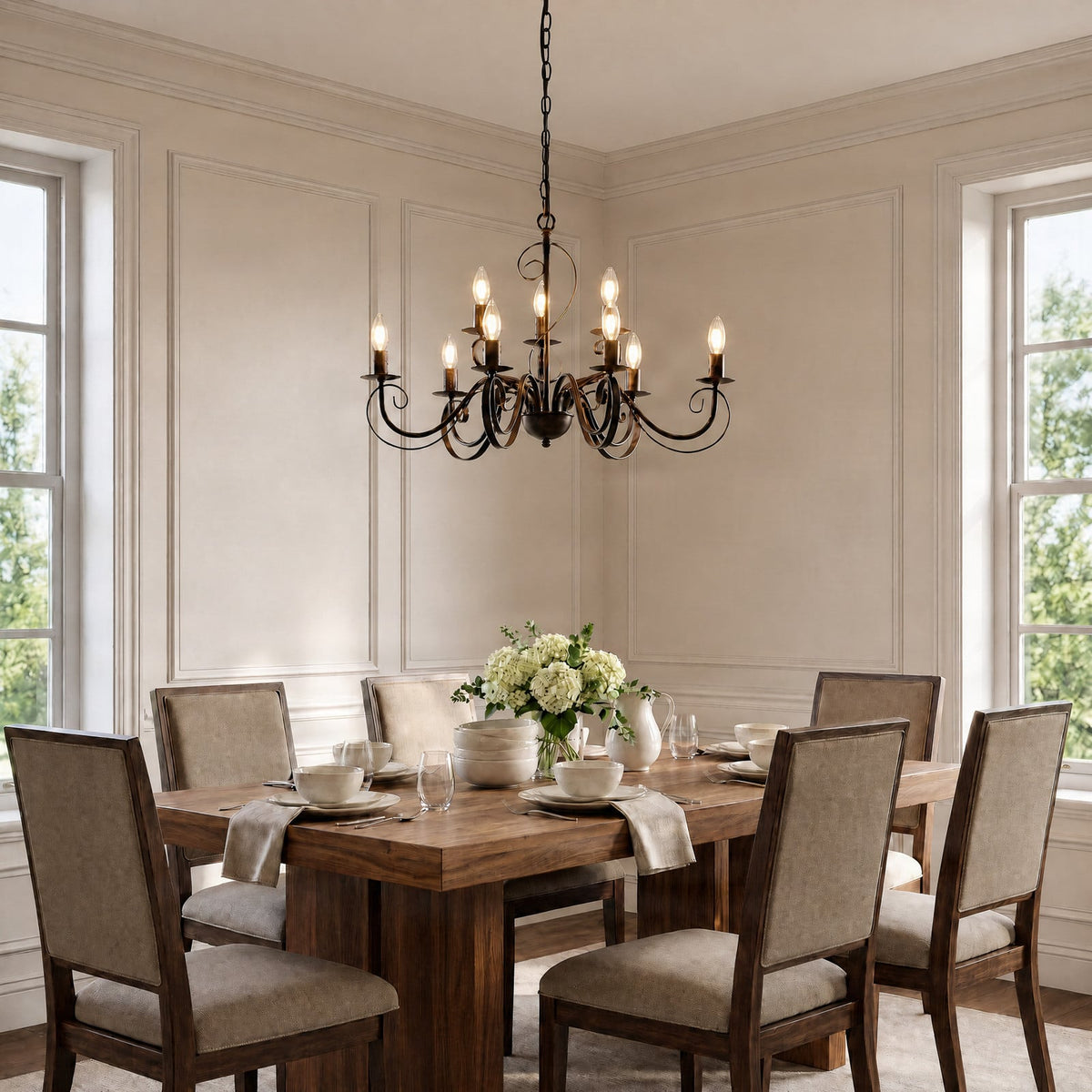 Lucande Caleb chandelier, 9-bulb, rust-coloured, metal