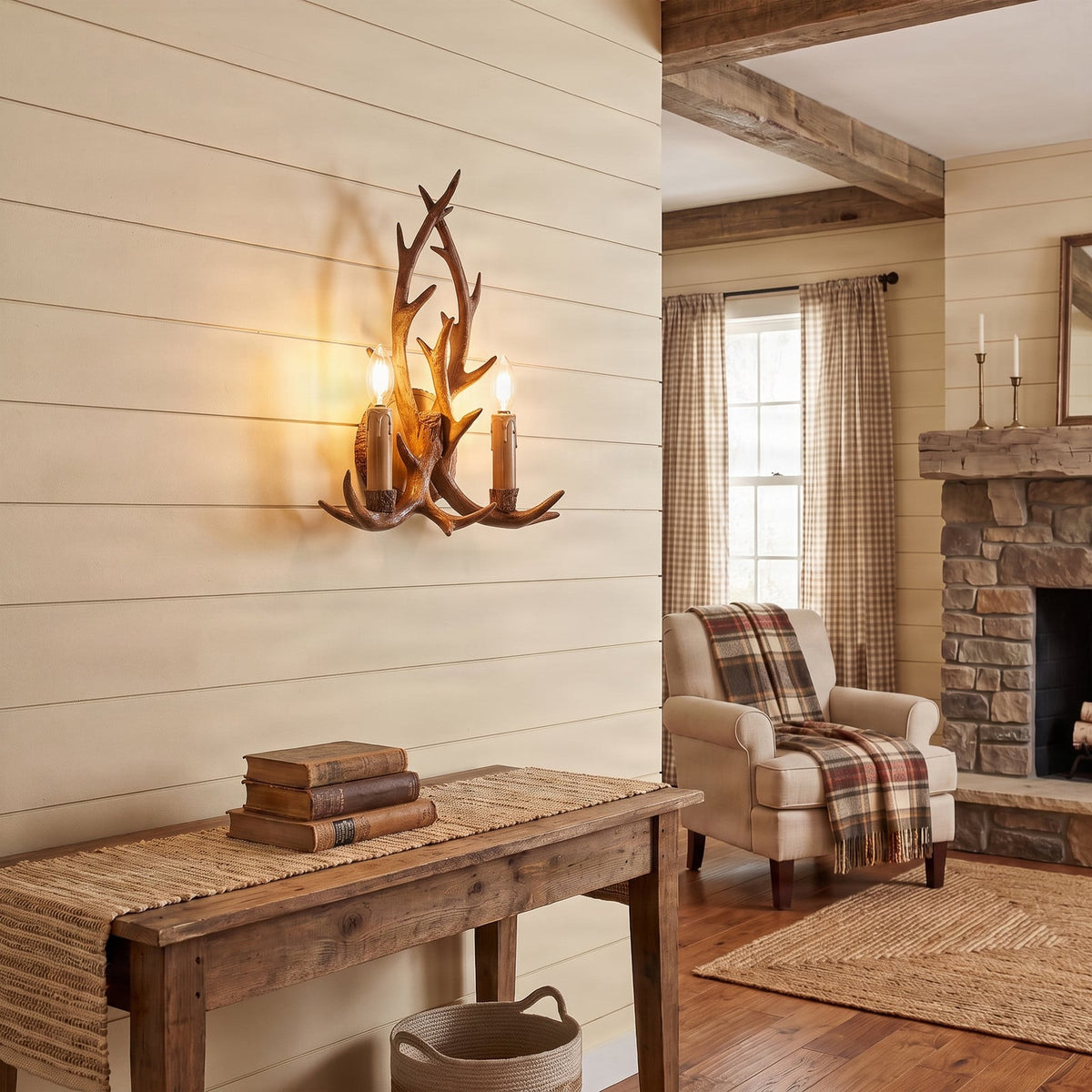 Lucande Fibi wall light, brown, 2-bulb, antler