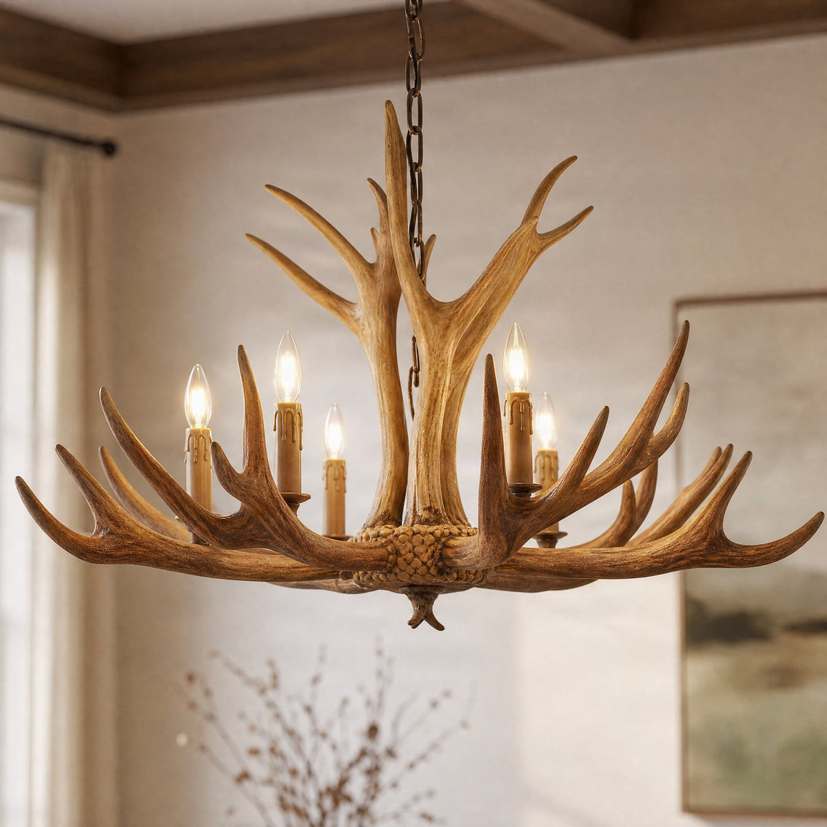 Lucande Tejask pendant light, Ø 38.78 in, 6-bulb, antler