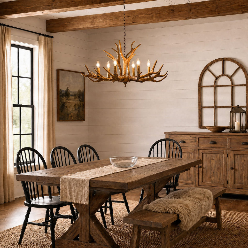 Lucande Tejask pendant light, Ø 38.78 in, 6-bulb, antler