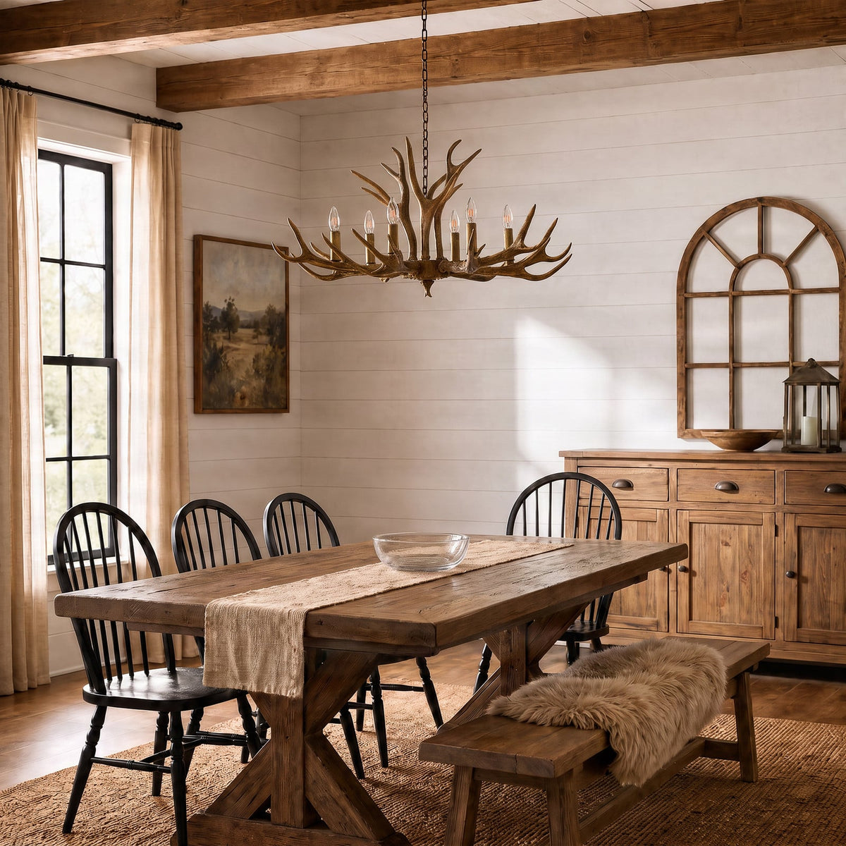 Lucande Tejask pendant light, Ø 38.78 in, 6-bulb, antler