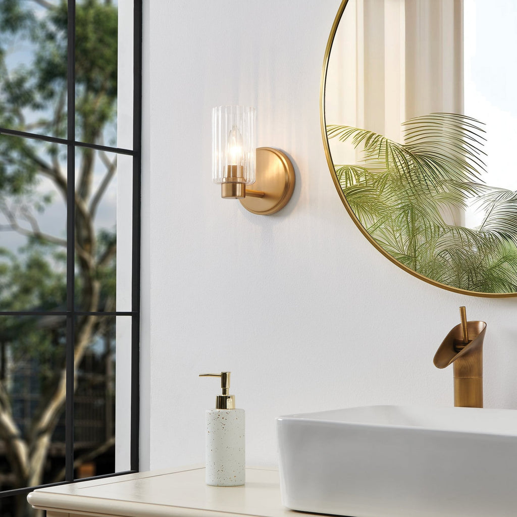 Thesis Bedminster bathroom wall lamp, gold, 1-bulb, 5 in, metal