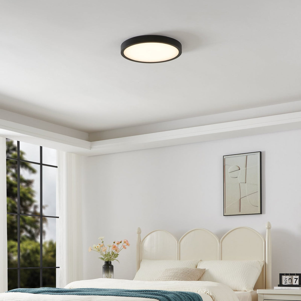 Thesis LED bathroom ceiling lamp, Argyle, black/alabaster white, 16in