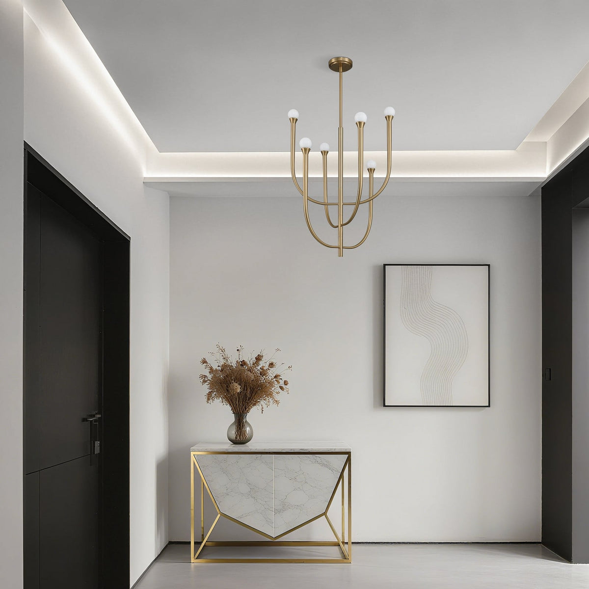 Thesis Dahlia chandelier, brass-coloured, 6-bulb, 23 in, G9