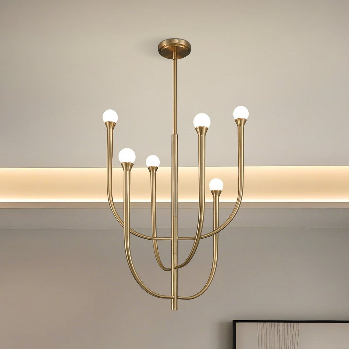 Thesis Dahlia chandelier, brass-coloured, 6-bulb, 23 in, G9
