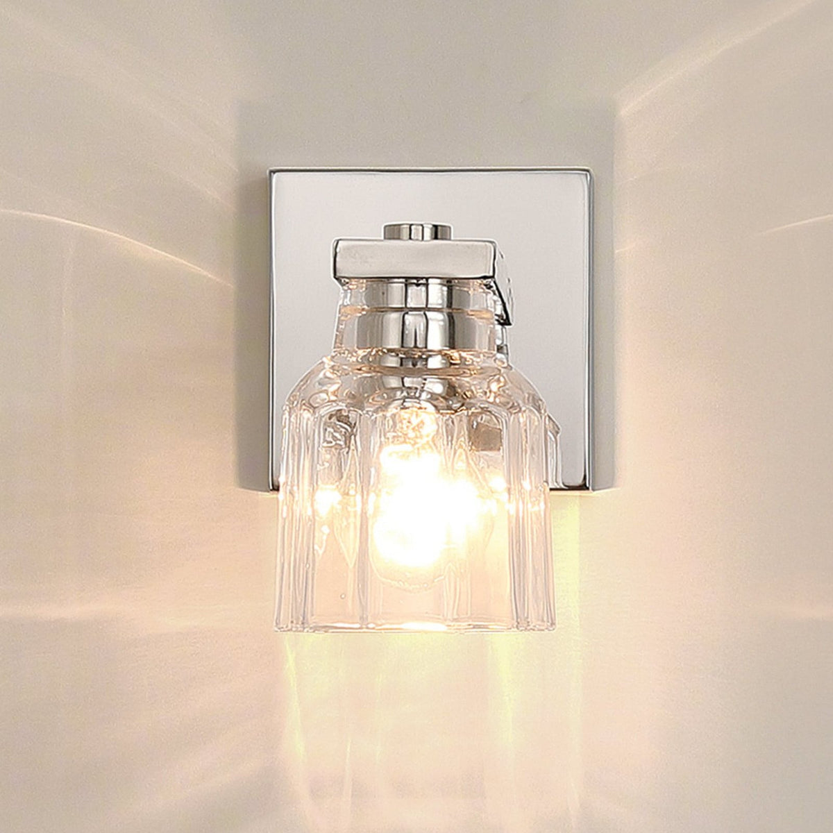 Thesis Dryden bathroom wall lamp, nickel-coloured, 5 in, metal/glass