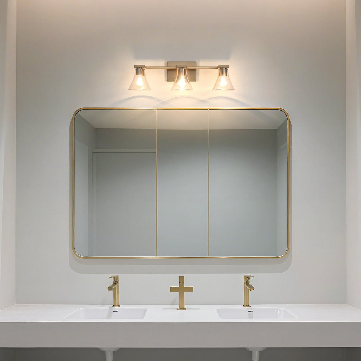 Thesis Gilford bathroom wall lamp, 3-bulb, 24 in, gold-coloured