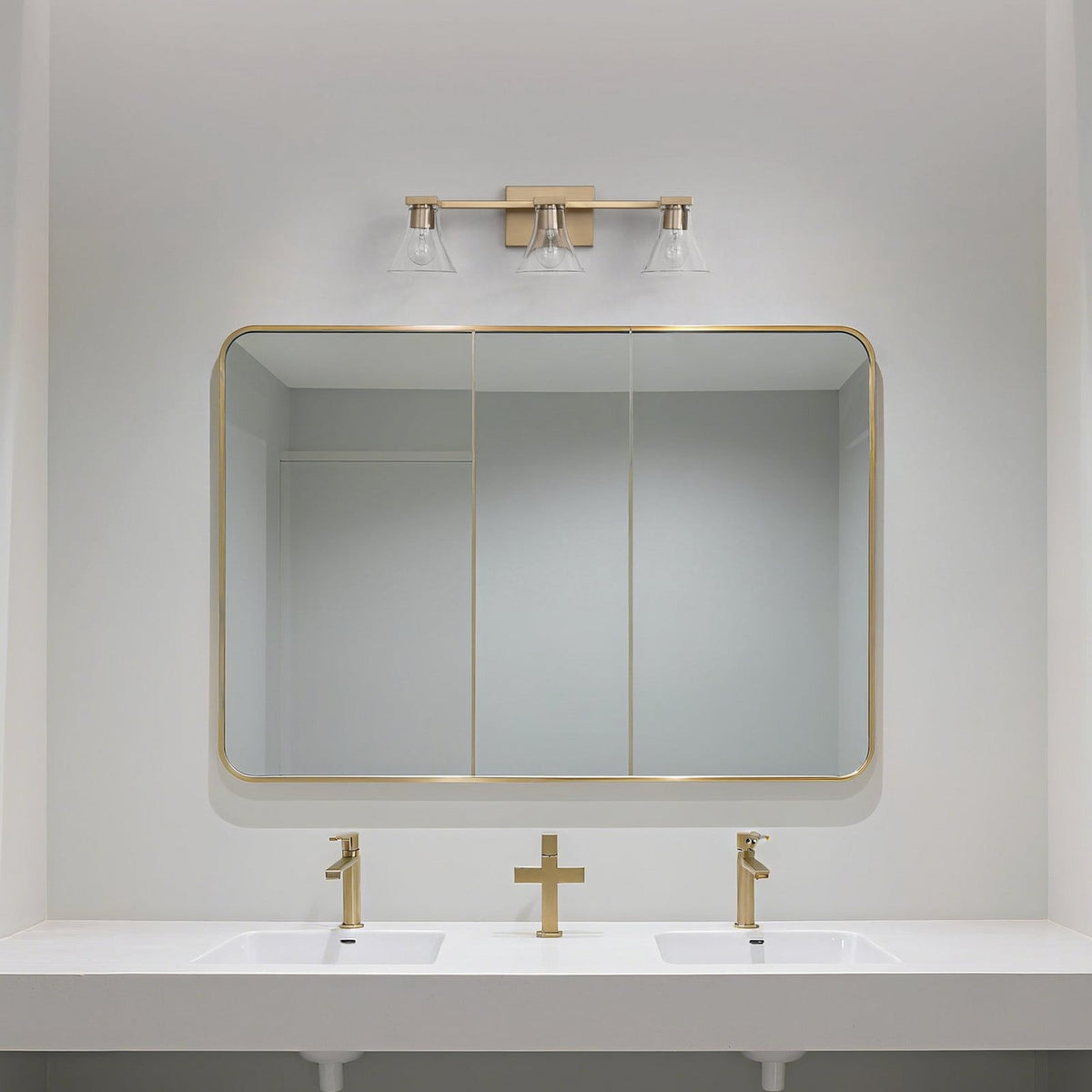 Thesis Gilford bathroom wall lamp, 3-bulb, 24 in, gold-coloured