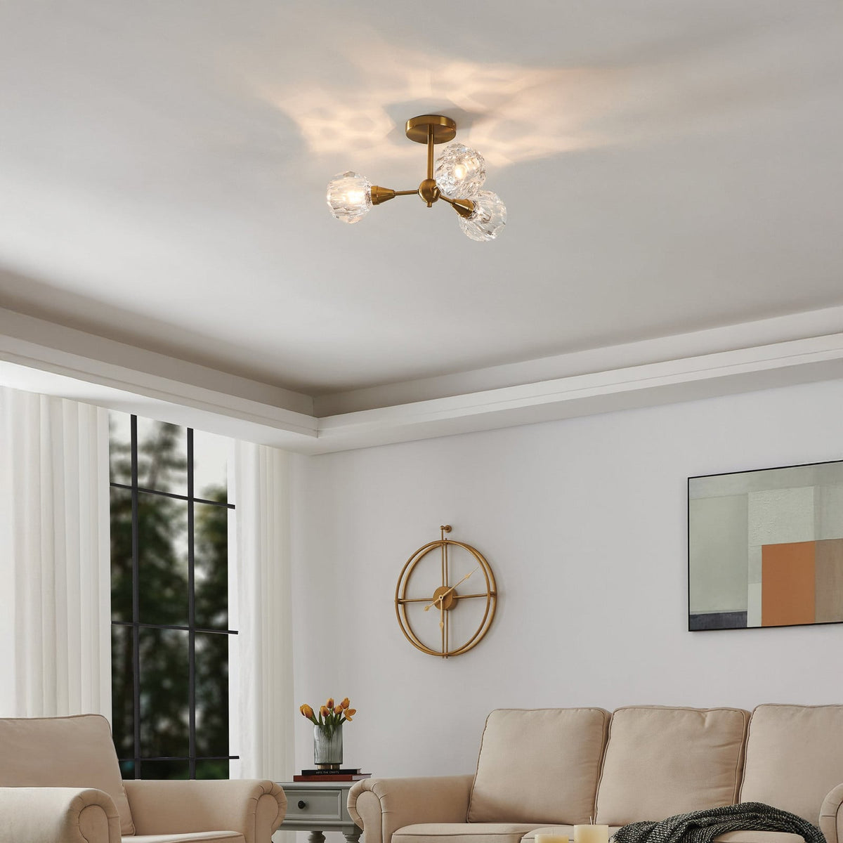Thesis Helena ceiling lamp, gold, 20 in, 3-bulb, metal/acrylic
