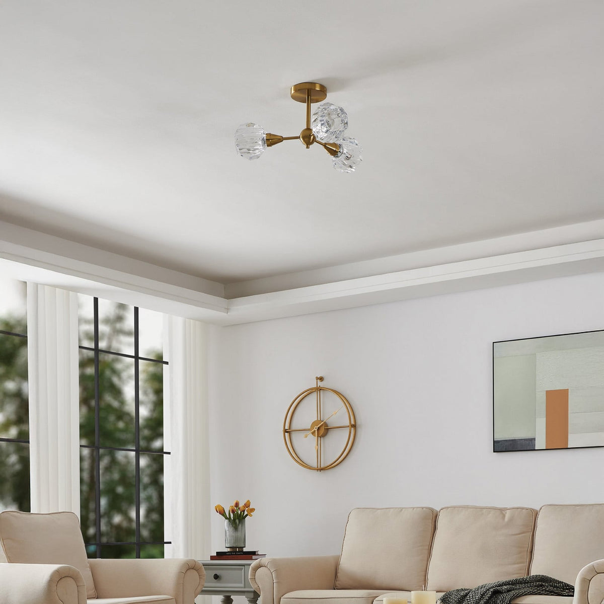 Thesis Helena ceiling lamp, gold, 20 in, 3-bulb, metal/acrylic