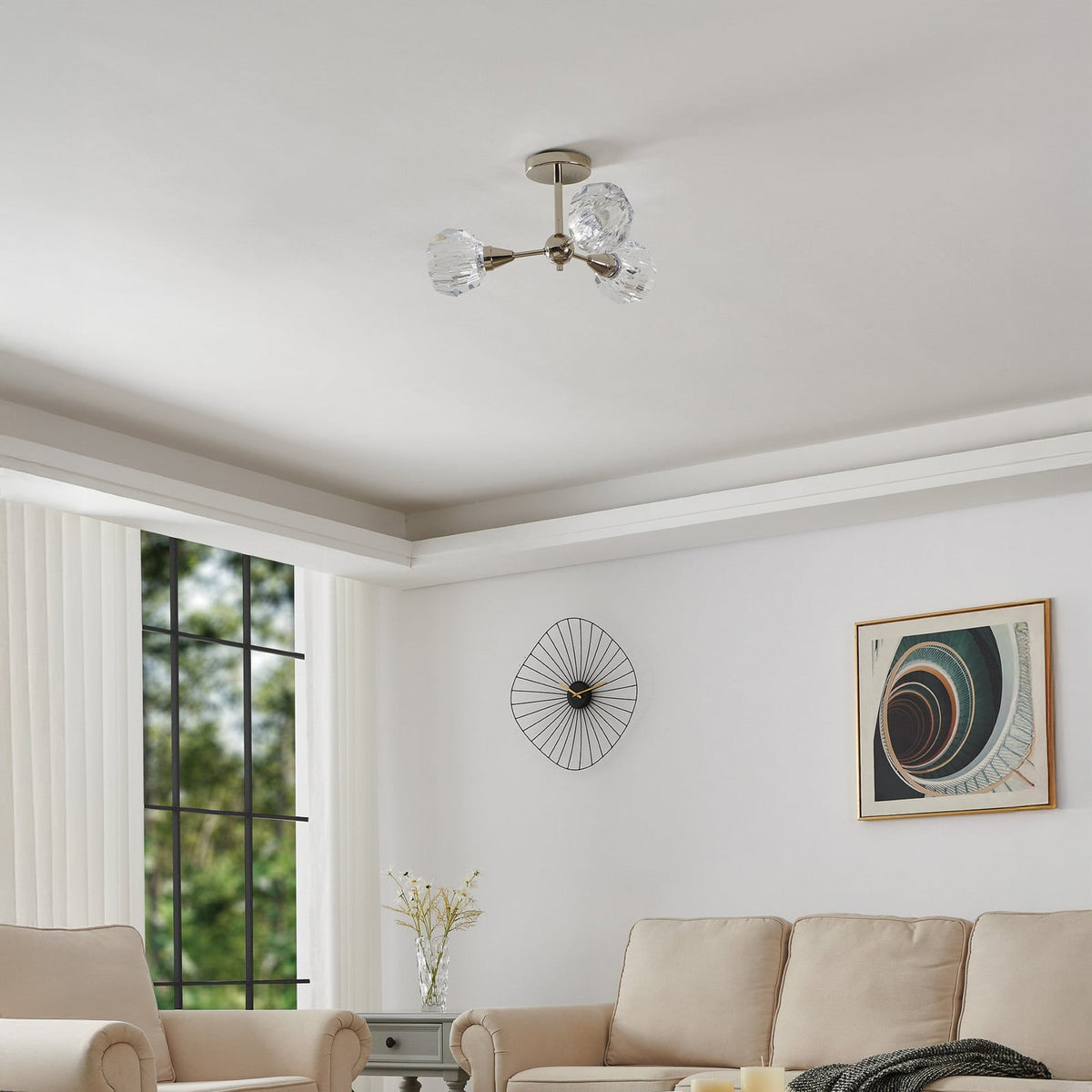 Thesis Helena ceiling lamp, nickel, 20 in, 3-bulb, metal/acrylic