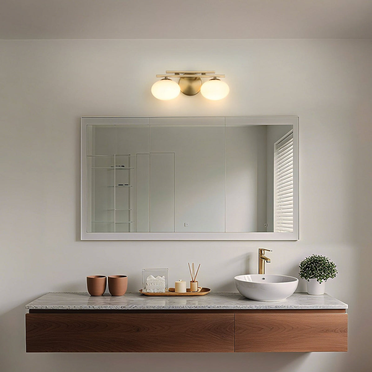 Thesis Julep bathroom wall light, 2-bulb, 16 in, gold-coloured/opal