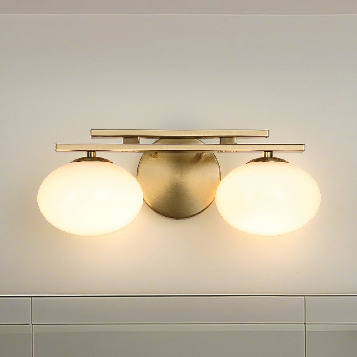 Thesis Julep bathroom wall light, 2-bulb, 16 in, gold-coloured/opal