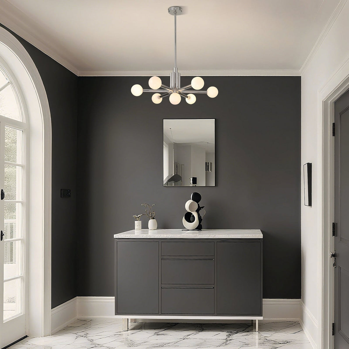 Thesis Stockholm chandelier, nickel, 7-bulb, 29 in, metal