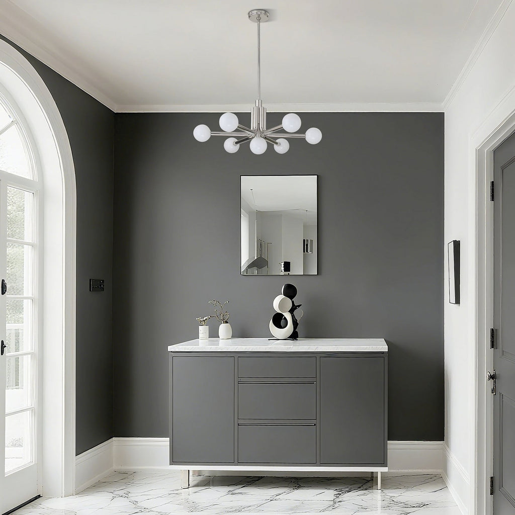 Thesis Stockholm chandelier, nickel, 7-bulb, 29 in, metal