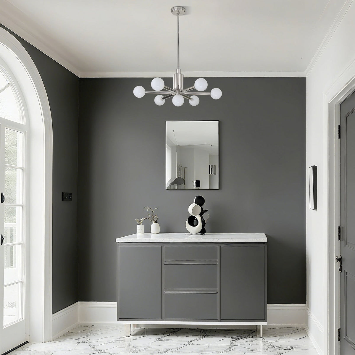 Thesis Stockholm chandelier, nickel, 7-bulb, 29 in, metal