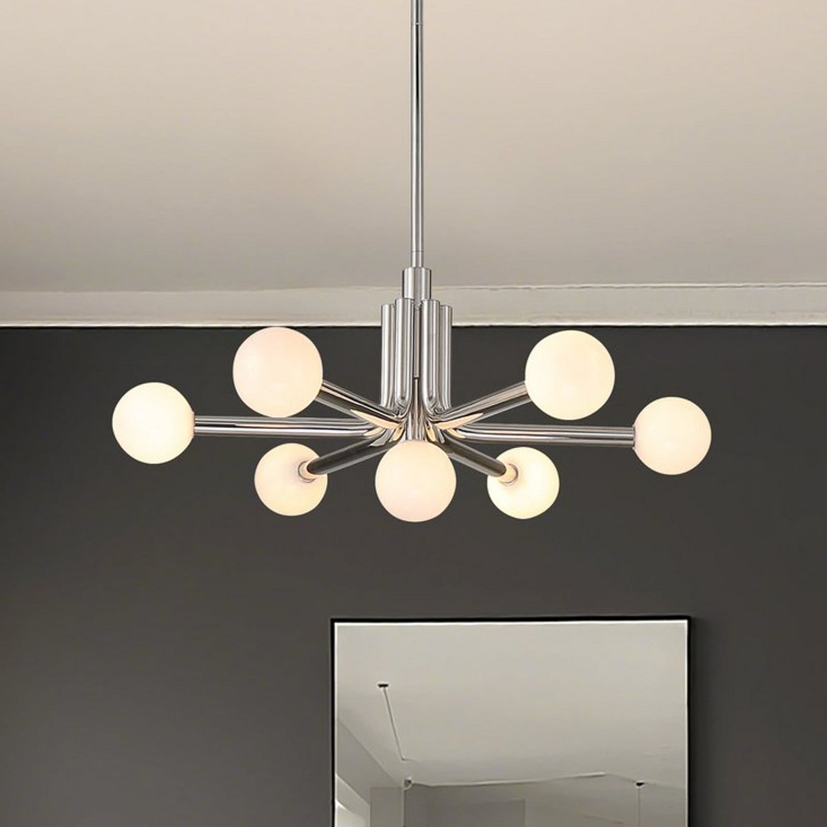 Thesis Stockholm chandelier, nickel, 7-bulb, 29 in, metal