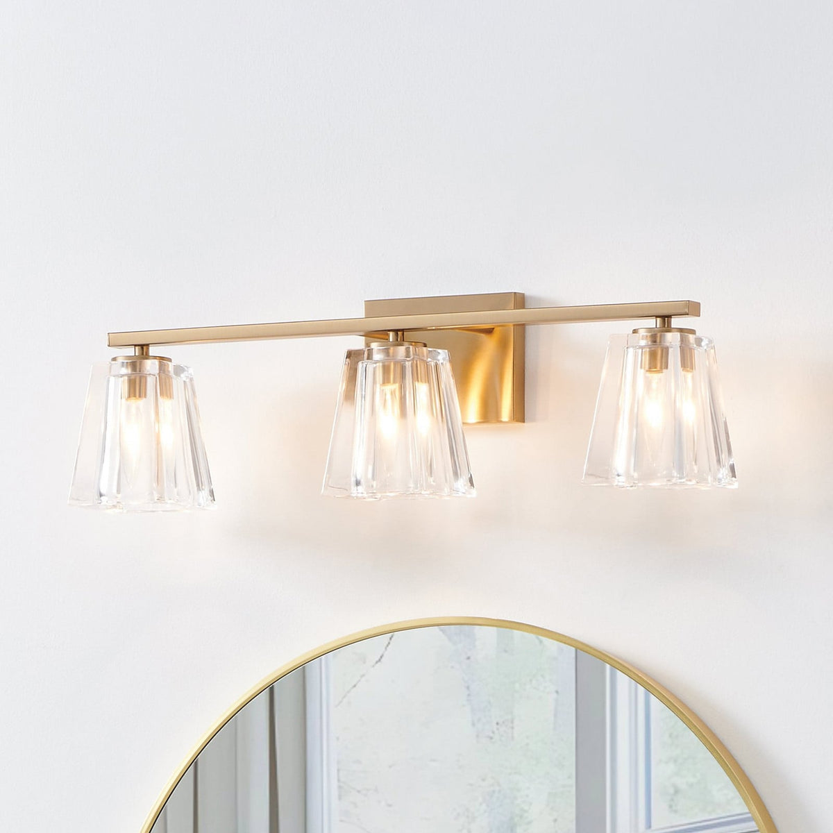 Thesis Valentin bathroom wall lamp, gold, 3-bulb, 24, in metal and glass