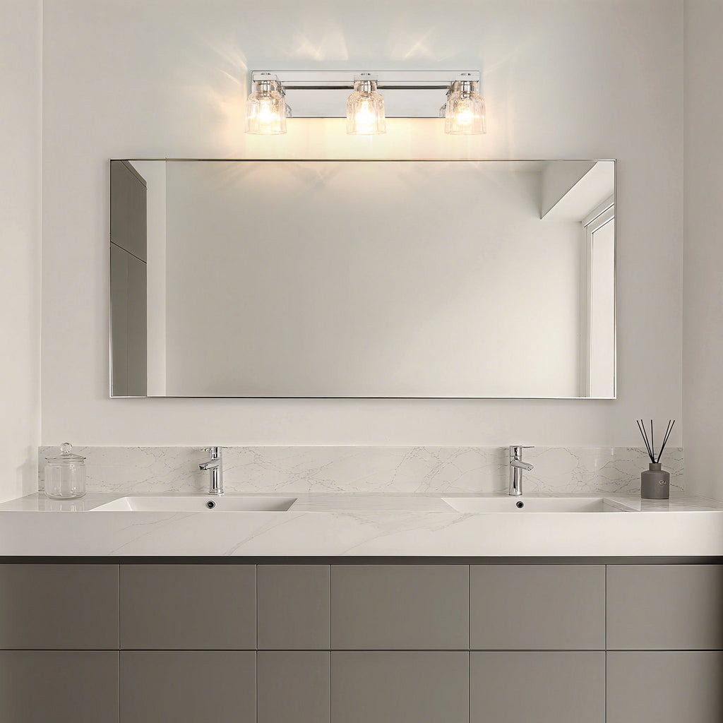 Thesis Dryden bathroom wall lamp, nickel, 3-bulb, 24, in metal and glass