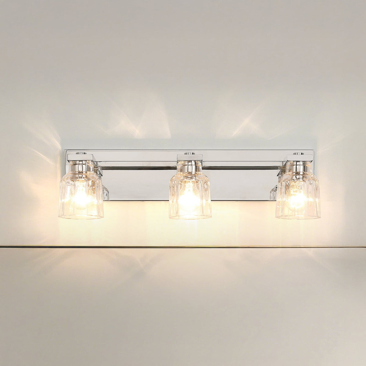 Thesis Dryden bathroom wall lamp, nickel, 3-bulb, 24, in metal and glass