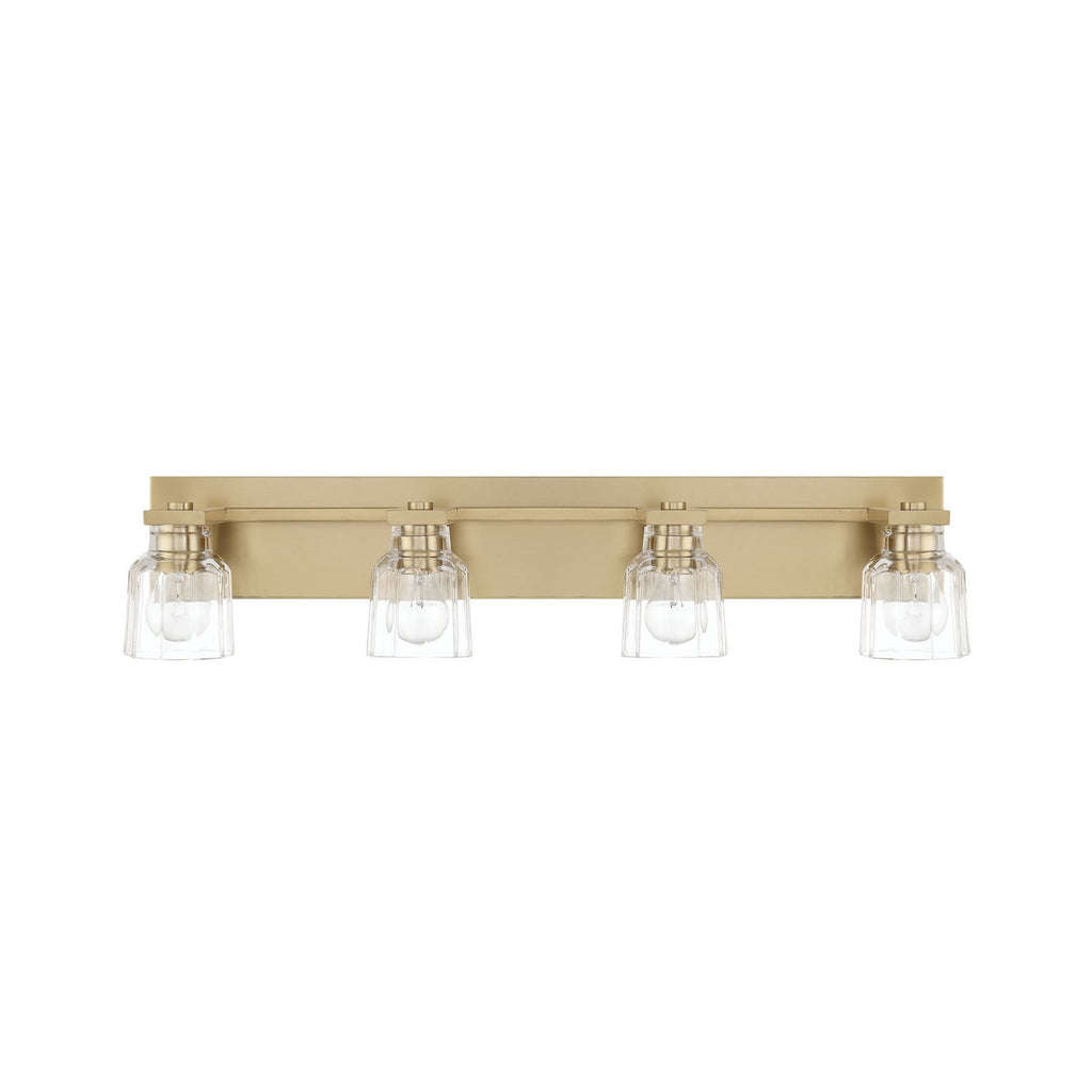 Thesis Dryden bathroom wall lamp, gold, 4-bulb, 32 in, metal and glass