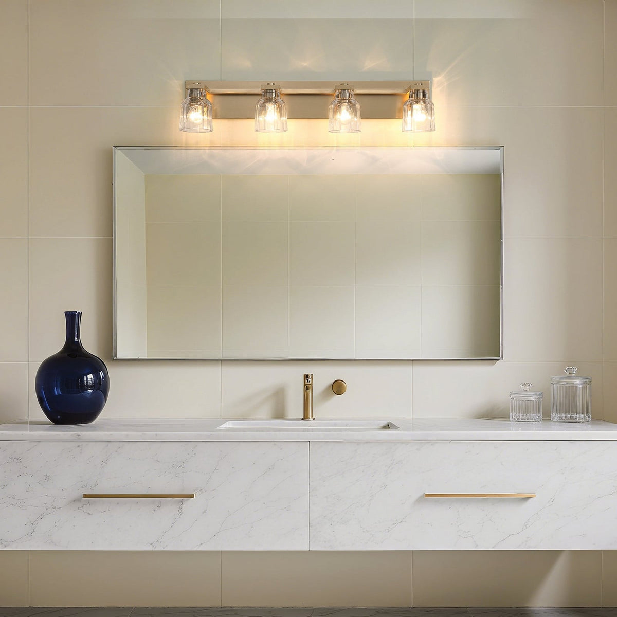 Thesis Dryden bathroom wall lamp, gold, 4-bulb, 32 in, metal and glass